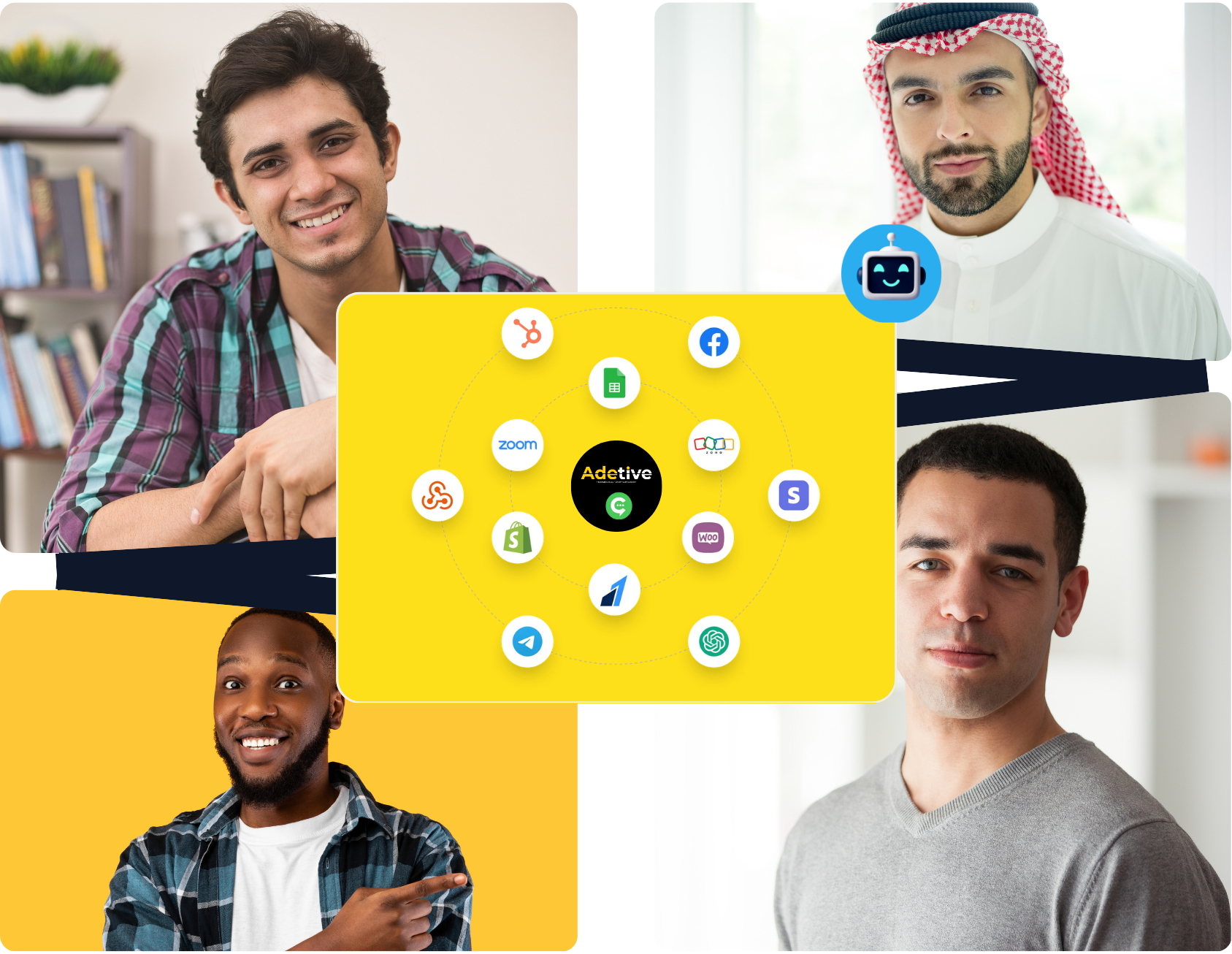 Collage of diverse professionals with a card showing Adetive’s platform integrations, with connected icons for CRM, social media, e-commerce, messaging, and automation tools